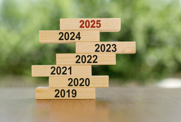Blocks display the years leading to 2025, symbolizing business growth and planning for the upcoming...