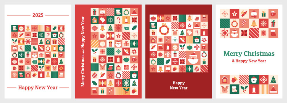 2025 New Year's cards with geometric patterns. Christmas icons and elements in tiles. Mosaic background. Vector xmas illustration. Greeting banner, invitation template. Modern graphics in chess.