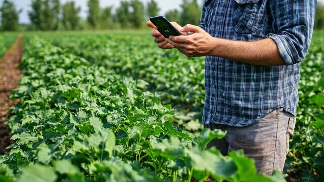  A farmer checks the status of his crops using a mobile phone, demonstrating the integration of technology into modern agriculture. 