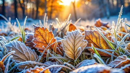 silhouette frost covered leaves grass autumn forest abstract nature background