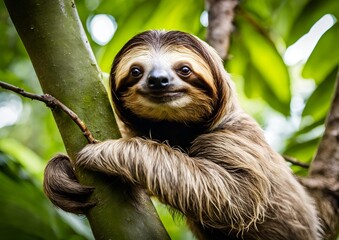 A funny sloth hangs from a tree branch, sporting a cute expression as it scratches its belly&mdash;a perfect portrait of wildlife in the lush rainforests of Costa Rica.