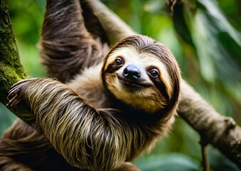 A funny sloth hangs from a tree branch, sporting a cute expression as it scratches its belly&mdash;a perfect portrait of wildlife in the lush rainforests of Costa Rica.