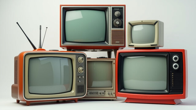 A collection of old televisions stacked up on top of each other.