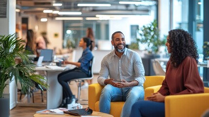 An office space with diverse employees engaged in conversation.