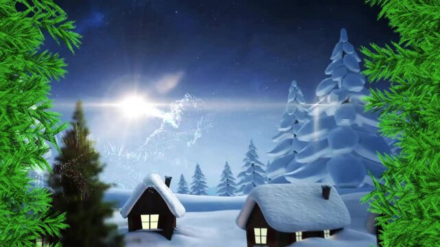 Snow-covered houses and trees with green border animation in winter night landscape