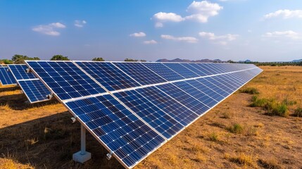 Solar panels in a field under a bright blue sky, showcasing renewable energy.