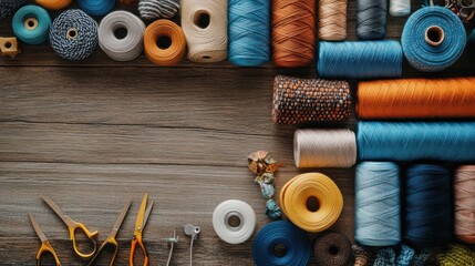 A flat lay of colorful yarn, thread, scissors, and other sewing tools on a wooden surface.