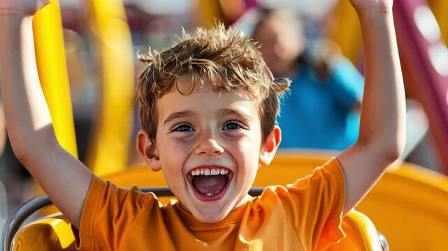  A young boy's face radiates pure happiness and excitement as he enjoys a thrilling ride on a rollercoaster.