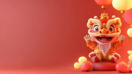 Fototapeta premium Adorable cartoon lion dance with firecrackers, perfect Chinese New Year backdrop with space for greetings