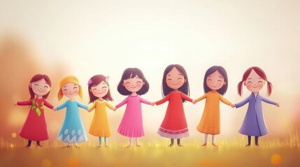 Fototapeta premium Adorable children from different faiths holding hands around the world, bright and cute World Religion Day background
