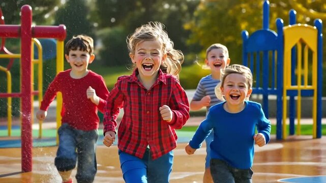  A group of happy children, brimming with energy and laughter, race through a vibrant playground, capturing the essence of childhood freedom and carefree fun. 
