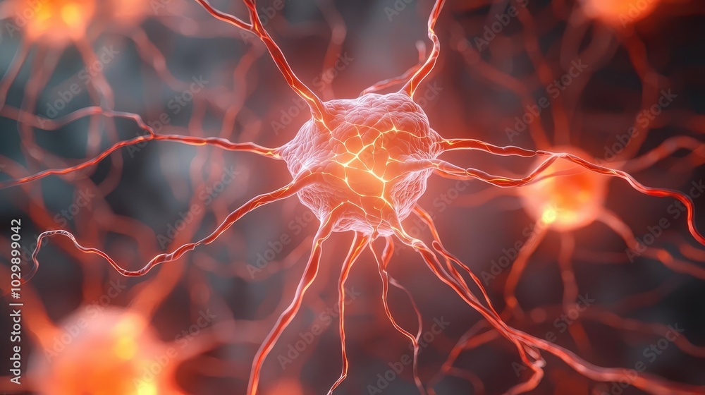 Poster close-up view of neuron cells with interconnected branches and glowing effects.
