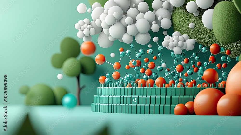 Poster abstract representation of molecular structures in vibrant colors on a green background.