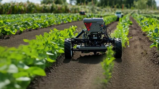  A robotic vehicle diligently cultivates rows of crops in a modern agricultural setting, representing the future of sustainable farming.