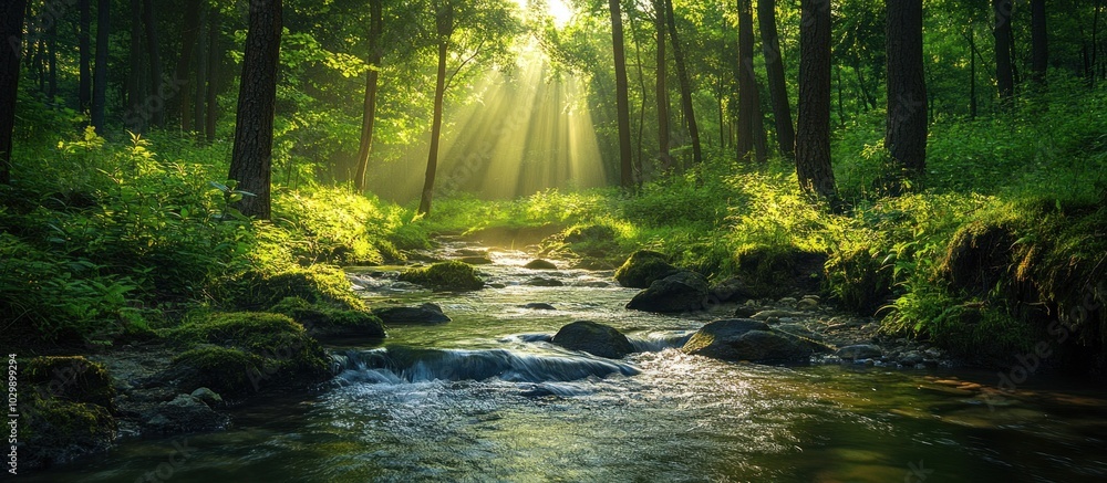 Poster sunbeams illuminate a stream flowing through a lush green forest, creating a serene and magical atmo