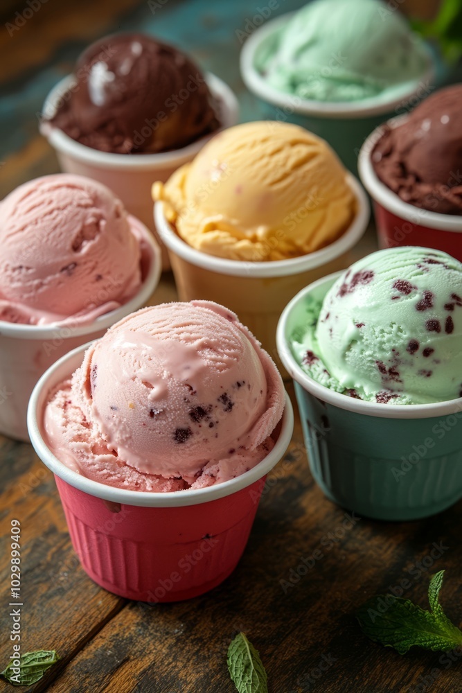 Sticker A variety of ice cream flavors in small cups on a rustic wooden table.