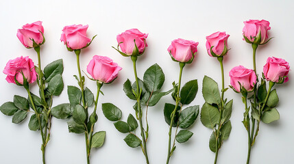 Fototapeta premium frame made of pink flowers and green leaves flowers composition on white background