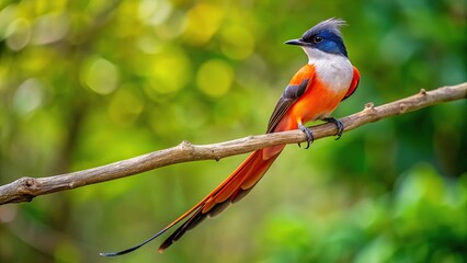 Tropical paradise scene with Long tailed Flycatcher on tilted tree branch in forest