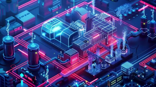 Modern industrial area aerial view and cloud computing concept. Communication network. Industry 4.0. Factory automation.