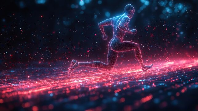 A digital human athlete running with a neon wireframe background.