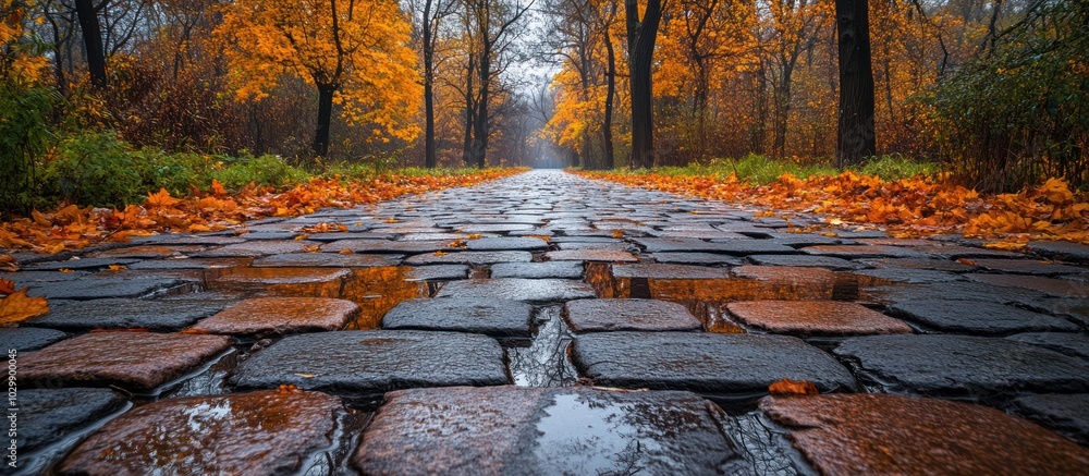 Poster cobblestone path through autumn forest with fallen leaves and puddles.