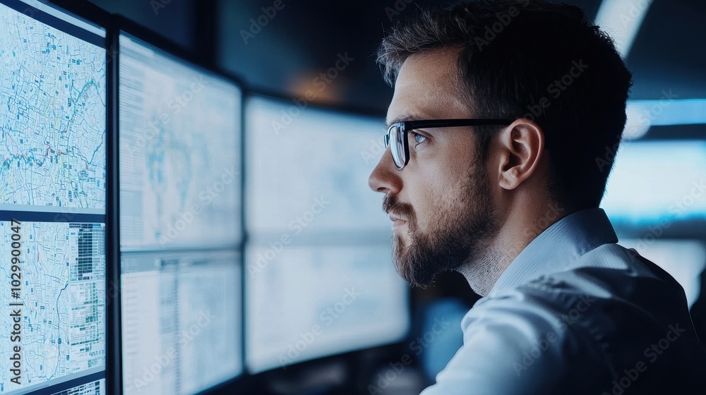 Poster a man with glasses intently analyzing data on multiple screens in a dimly lit room.