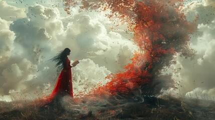 Fototapeta premium A Woman Reading in a Dreamlike Landscape