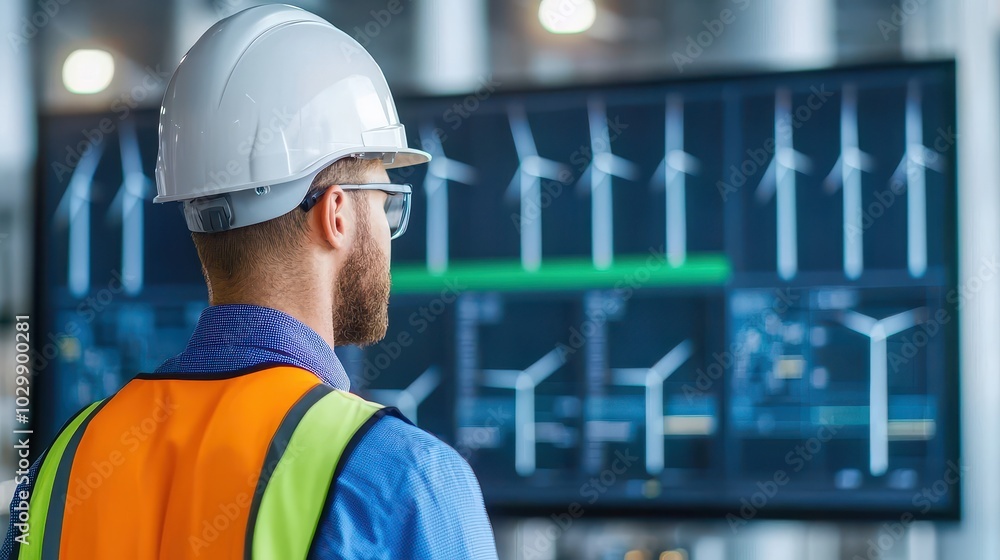 Poster a worker monitors wind turbine performance data on a digital screen, showcasing advancements in rene
