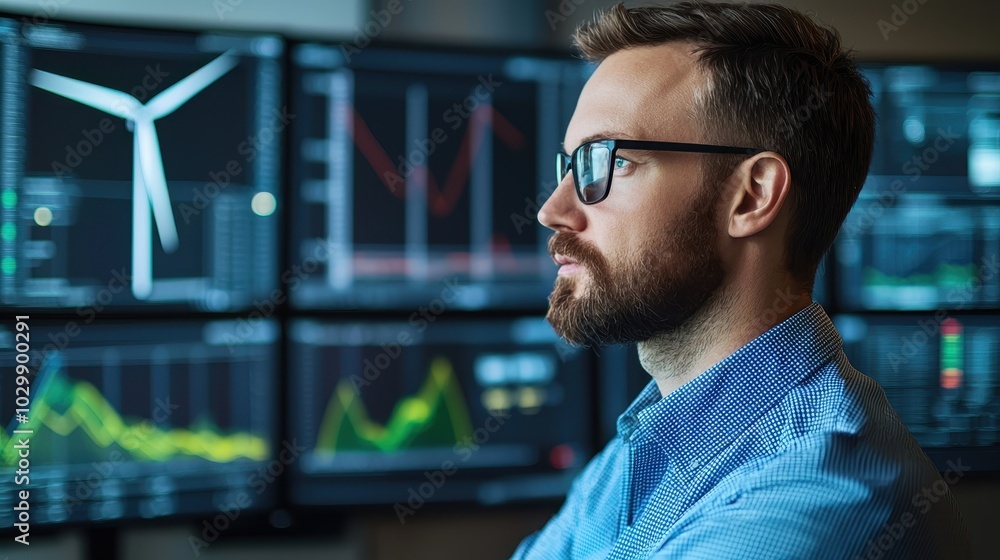 Poster a focused man analyzes data on multiple screens, showcasing financial graphs and renewable energy vi