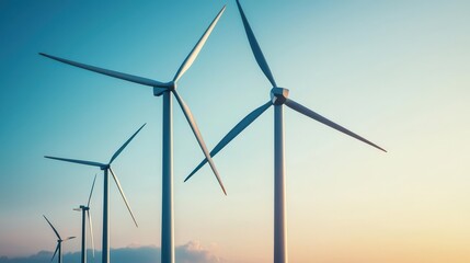 Fototapeta premium Wind turbines stand tall against a clear sky, harnessing renewable energy in a serene landscape at sunset.