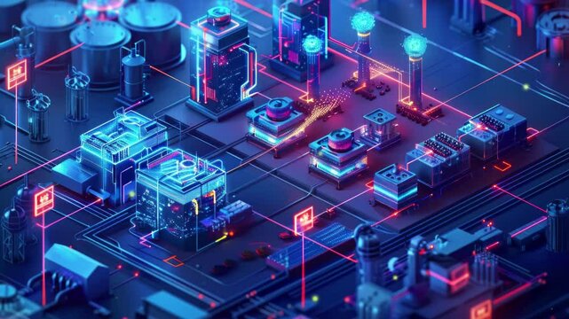 Modern industrial area aerial view and cloud computing concept. Communication network. Industry 4.0. Factory automation.