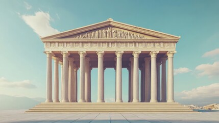 Obraz premium An ancient Greek temple with columns and a triangular pediment against a blue sky with clouds.