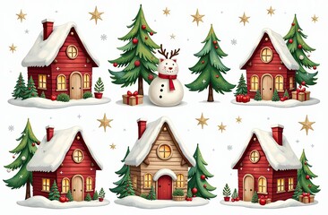 Naklejka premium Large set of hand-drawn watercolor illustrations on the theme of Christmas. Cozy Christmas houses. Stars, snowflakes, spruce and branches, festive mood for stickers, decorations, design