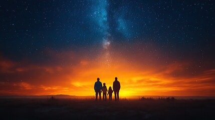 Fototapeta premium A family travels at night under a starry sky in a silhouette illustration.