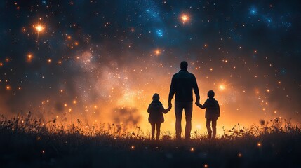 A family travels at night under a starry sky in a silhouette illustration.
