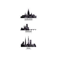Naklejka premium Slavic region cities logo and icon set. Vector graphic collection for Riga, Prague, Ljubljana. Slovenia, Czech Republic, Latvia capital skyline emblems