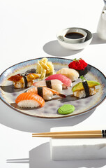 Vibrant Sushi Platter with Salmon, Shrimp, Bass, Tuna, Scallop, and Eel in High-Contrast Lighting