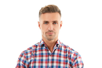 Obraz premium Mature man isolated on white. Stylish man portrait. Casual style of man. Guy has stylish haircut. Man with trendy hairstyle. Casual male style portrait. Mature portrait
