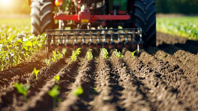  A close-up of a red tractor cultivating rows of crops in a field, with the sun shining through the trees. The tractor is equipped with a cultivator that is working the soil.