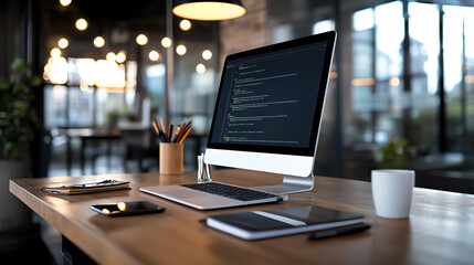 Modern workspace with computer and stationery.