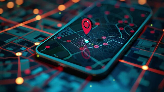 Concept of geofencing, featuring a digital map with virtual boundaries, a location pin, and a mobile device showcasing a geofencing app.	
