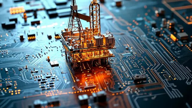 A miniature oil rig sits on a circuit board, symbolizing the relationship between energy and technology