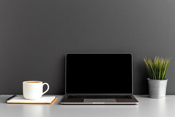 Fototapeta premium Workspace, laptop, mug, plant, minimal design