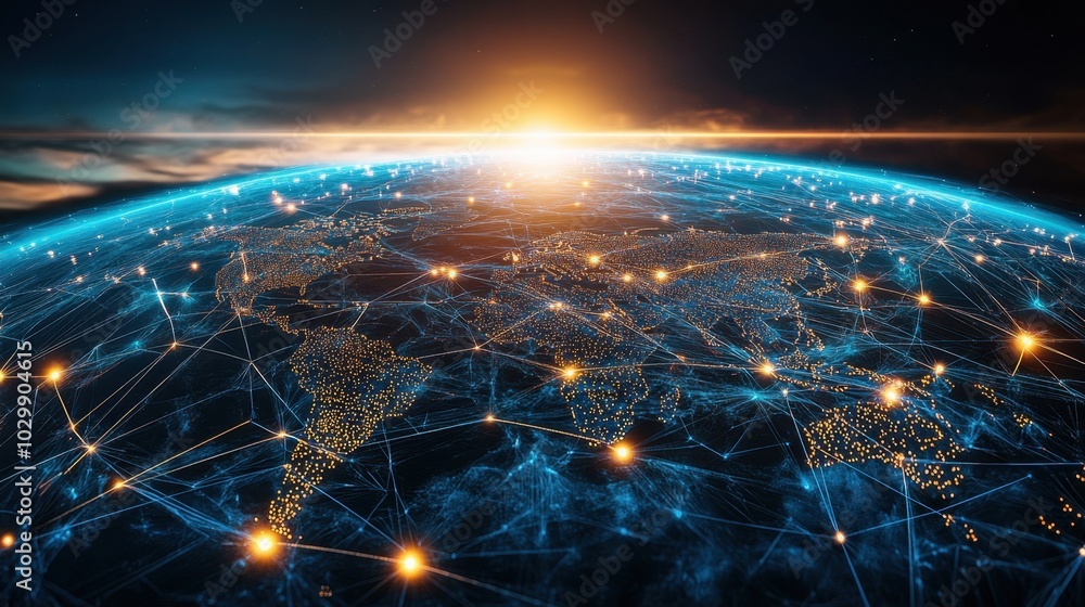 Poster digital network pathways crisscrossing the globe, with neon highlights symbolizing data transfer and