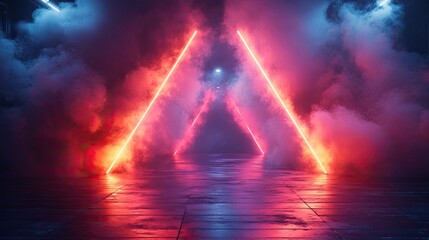 A futuristic empty stage with glowing smoke and neon lights forming a triangular shape.