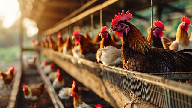 A rooster and hen standing on a farm surrounded by chickens, showcasing their colorful feathers in a rural setting
