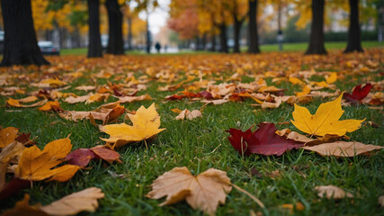 Fallen leaves scattered throughout the park