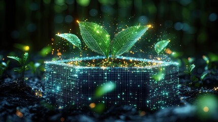 A futuristic open box with green leaves, depicted in a wireframe holographic colorful style.