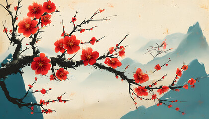 A greeting card for the Chinese New Year with blooming flowers. Chinese culture.
