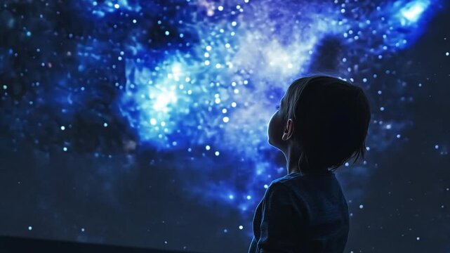 A child at a planetarium, gazing up at a simulated night sky filled with stars and galaxies, sparking curiosity and wonder